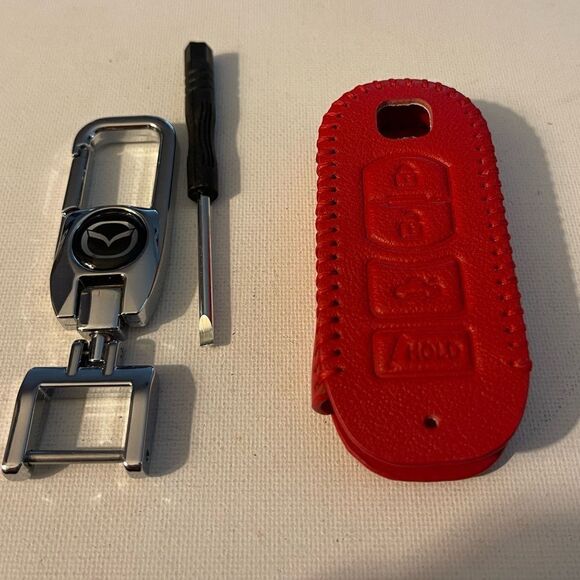 Mazda Key Fob Keychain in metal & Fob Case Cover in Red Leather NWT - Picture 3 of 8